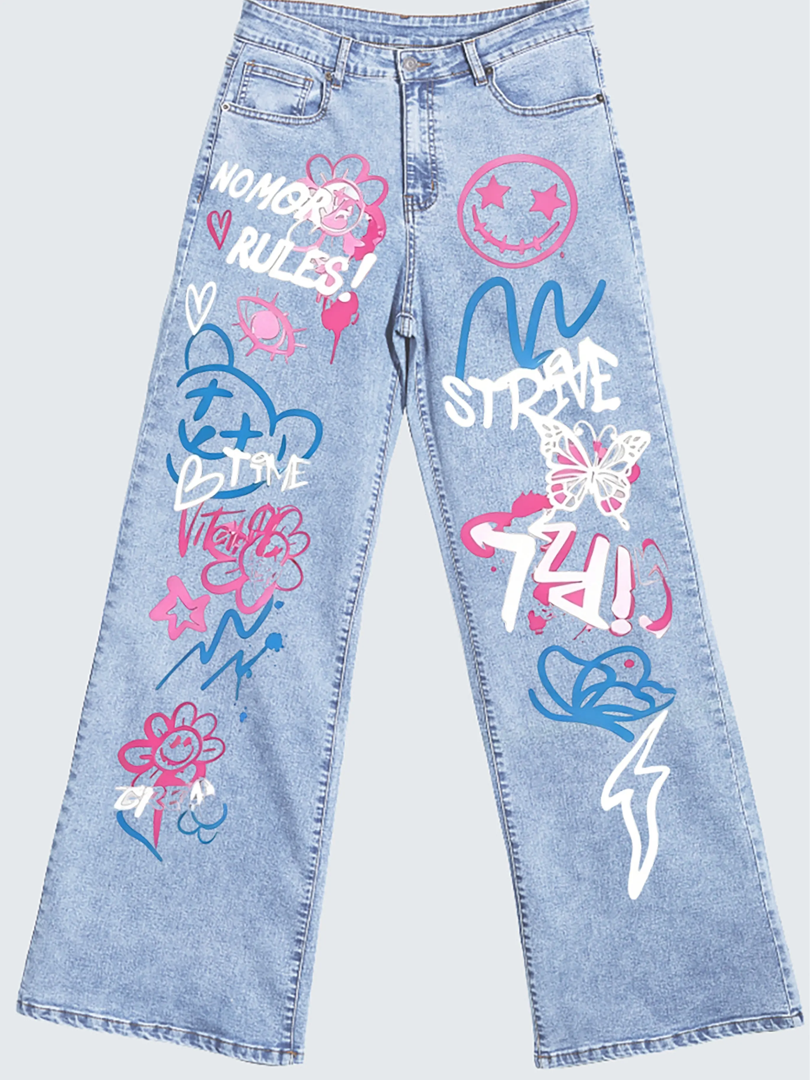 Women's Streetwear Jeans with Daisy Graffiti Print, High Waisted Loose Wide Leg Fit, Comfy Soft Denim, Bottoms, Oversized