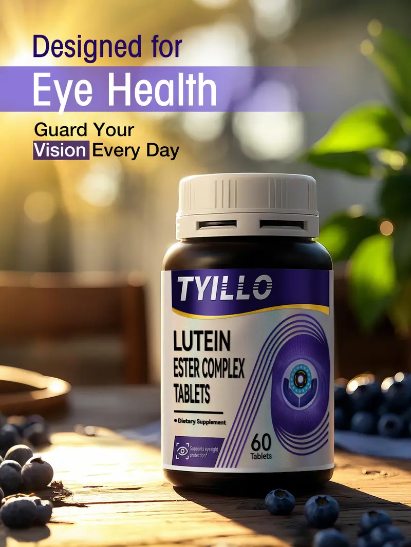 Product Introduction of Tyillo Blueberry Lutein Ester Complex Tablets,Support eye health,Nutrition & Wellness-with Lutein ester 10.1mg, zeaxanthin 2mg-Take care of your eye health,Moisturize the eyes,Suitable for daily dietary vitamin supplementation-60 Tablets. 1