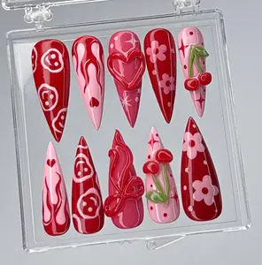 Cherry Blossom Inspired Press On Nails, Handmade Valentine's Nail Art, Handmade Red and Pink Press On Nails with Cherry on Fake Nails