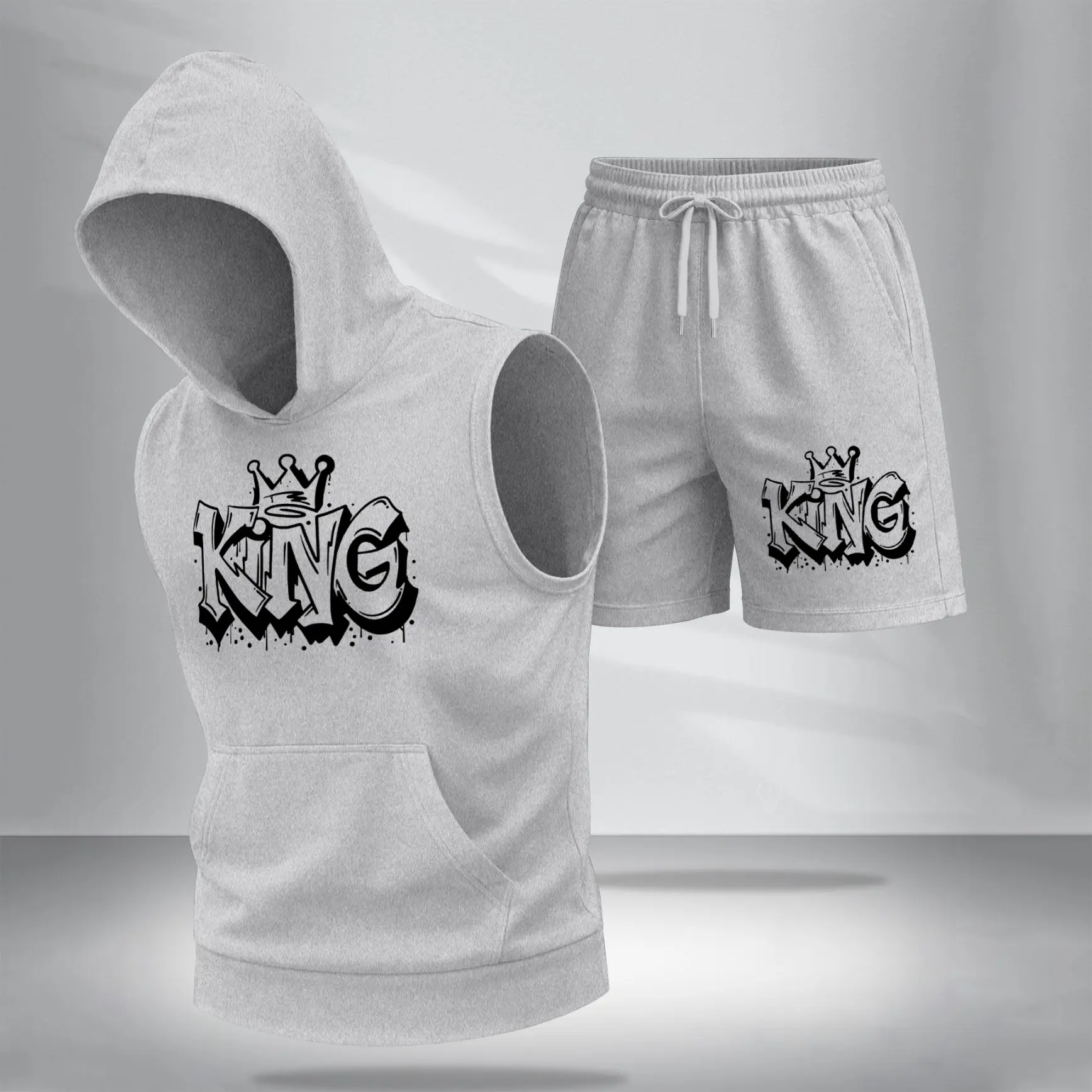 Men’s “KING” Graphic Sleeveless Hoodie & Shorts Set – Crown Graffiti Print Summer Two-Piece Activewear, Lightweight Breathable Casual Gym Streetwear Outfit for Fitness, Training