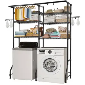 Over Washer and Dryer Storage Shelves, 6 Tiers Laundry Room Drying Rack with Hanger Rod and Hooks, Two Rows Adjustable Washer Shelves Space Saver, for Laundry Room Storage & Organization, Black