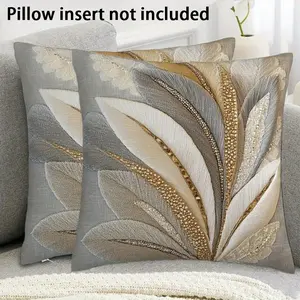 Set of 2 Elegant Feather Print Cushion Covers, Soft Polyester Zippered Cases, Home Decor Sofa Pillowcases