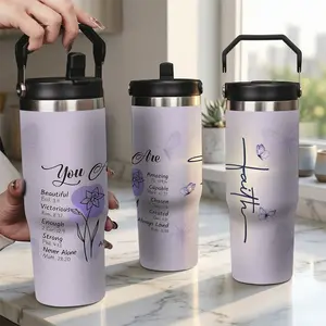 Lavender Butterfly Cross Design, You Are Beautiful Capable Chosen Scripture Travel Mug, Stainless Steel Coffee Tumbler Cup with Lid and Straw, Religious Inspirational Gift