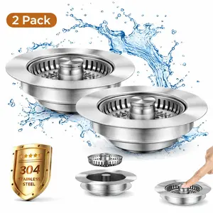 【FathersDaygift】All Metal Stainless Steel 3-in-1 Kitchen Sink Drain Strainer and Stopper Combo, Upgraded Sink Stopper, Anti-Clog Stainless Steel Basket Strainer with Handle, Suitable for US Standard 3-1/2 Inch Drains