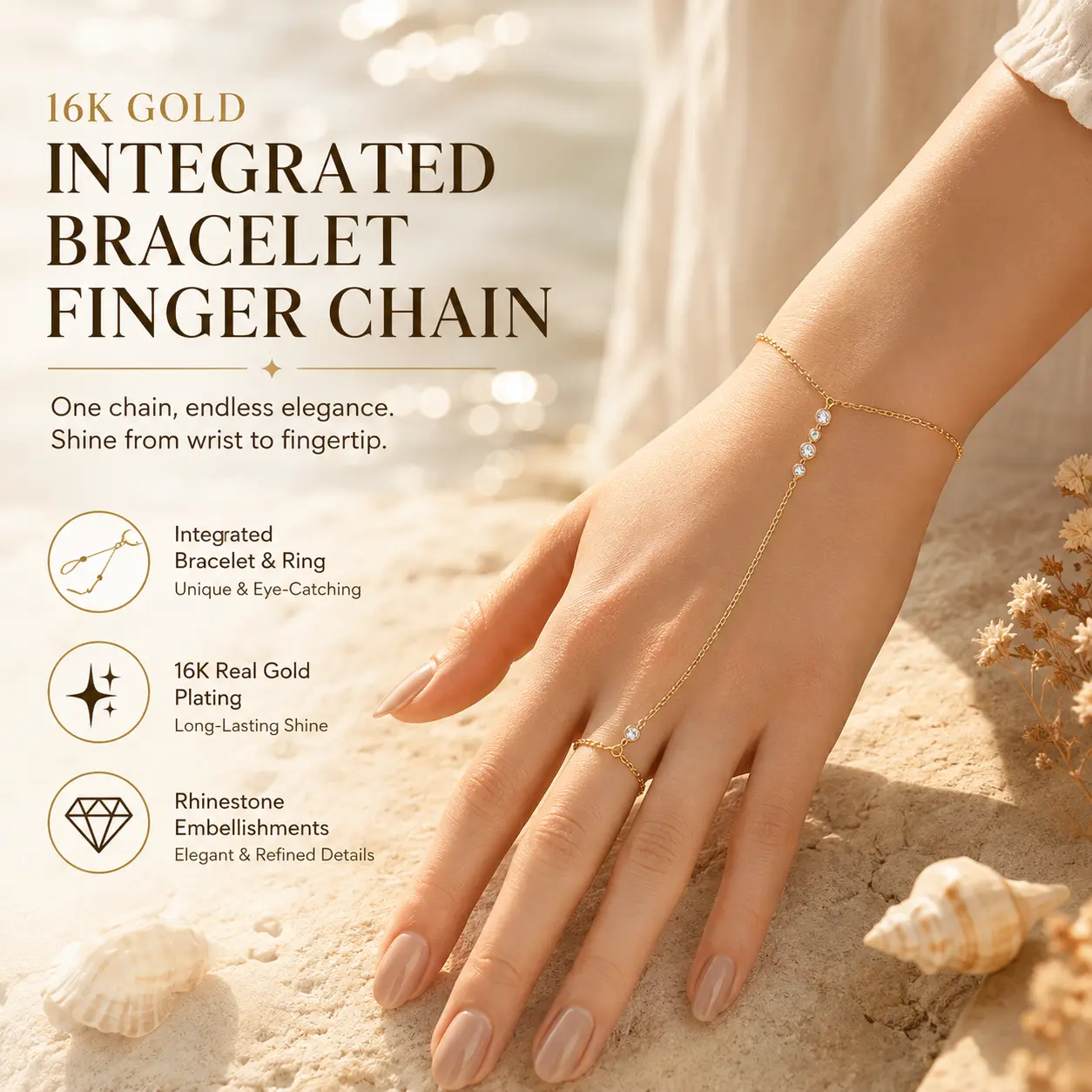 16K 1Pcs New Dainty Stackable Ring Hand Chain, Adjustable 16K Gold-Plated Trendy Bracelets for gift summerwins