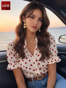 Women's French Polka Dot Bubble Sleeve Shirt Blouse, High-End Design, Unique Summer New Arrival, Loose Short Sleeve Top, Fashionable and Stylish