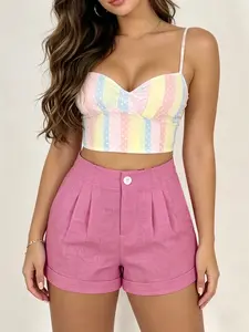 2026 Summer New Womenswear High-Waisted Plain Texture High Rise Shorts, Decorative Button, Casual Daily Wear, Music Festival, Party, Travel