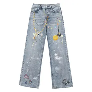 Y2K Starfish Charm Denim Jeans Light Wash Wide Leg Baggy Jeans Kawaii Cute Graphic Printed Jeans Women High Waist Bottom Stretchy Streetwear Vintage Aesthetic Denim Pants Harajuku Soft Girl Trendy Jeans Outfit