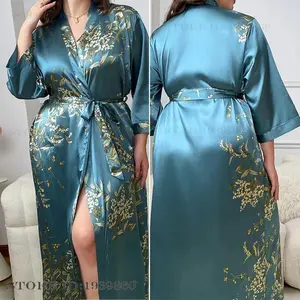 Plus Size 3XL 4XL 5XL Women's Long Robe Nightgown Print Cherry Kimono Bathrobe Gown Spring Summer New Satin Sleepwear HomeWear