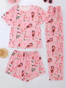 Women's Summer Cool Short Sleeve Pajama Set, Glam Lounge Wear, Casual Round Neck Top & Elastic Shorts, Cartoon Print, All Seasons Wear, Valentine Gift