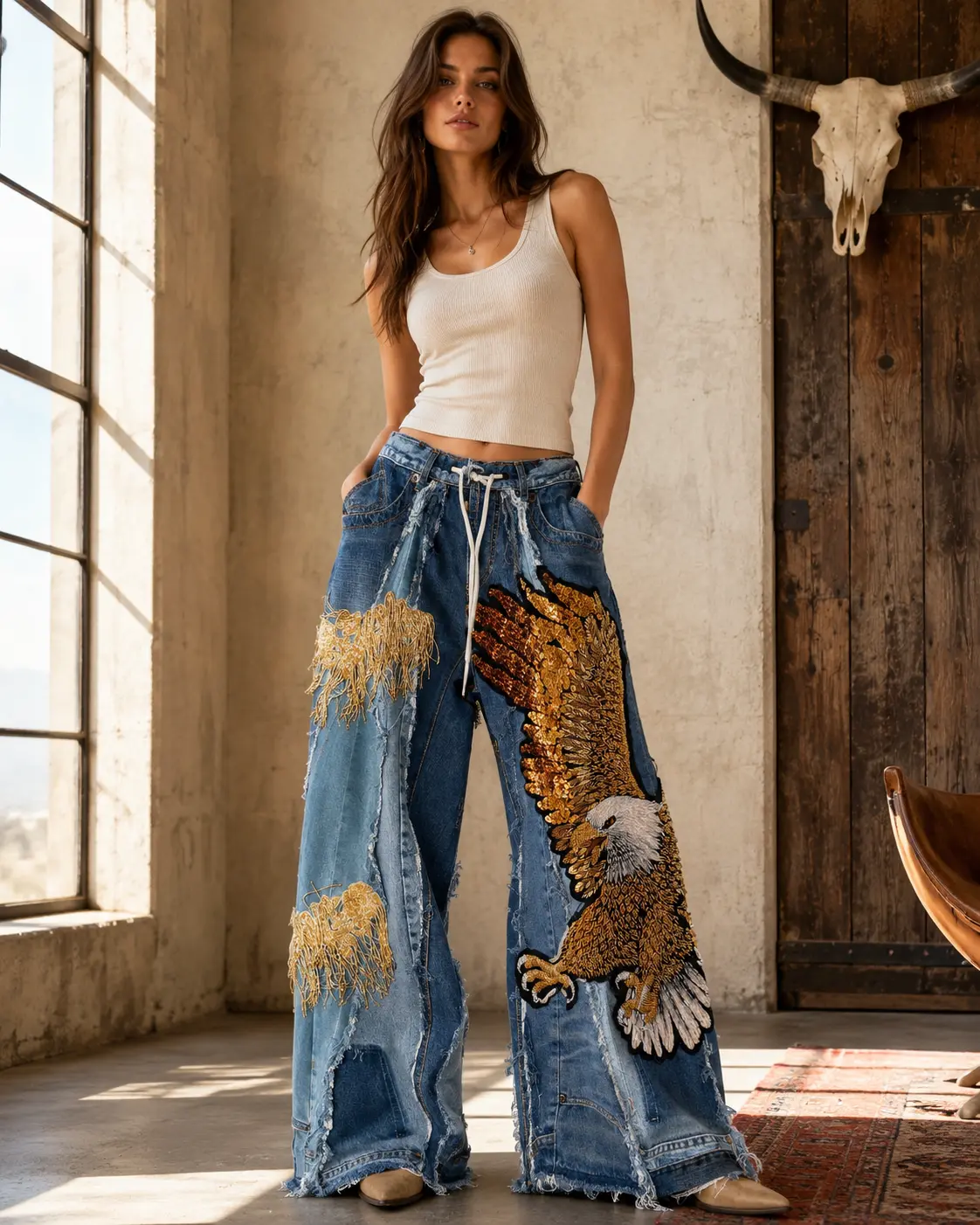 #309 LunaSparkle handmade designer Fringe Jeans