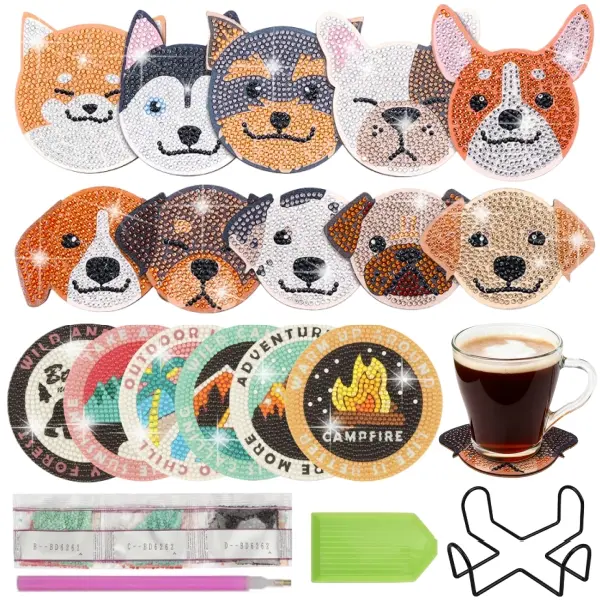 10 PCS Dog Shaped Diamond Painting Coasters for Drinks, 6 PCS DIY Pet Cat Diamond Painting Kits with Holder, Diamond Art Coasters for Beginners Adults Art Craft Supplies Gift