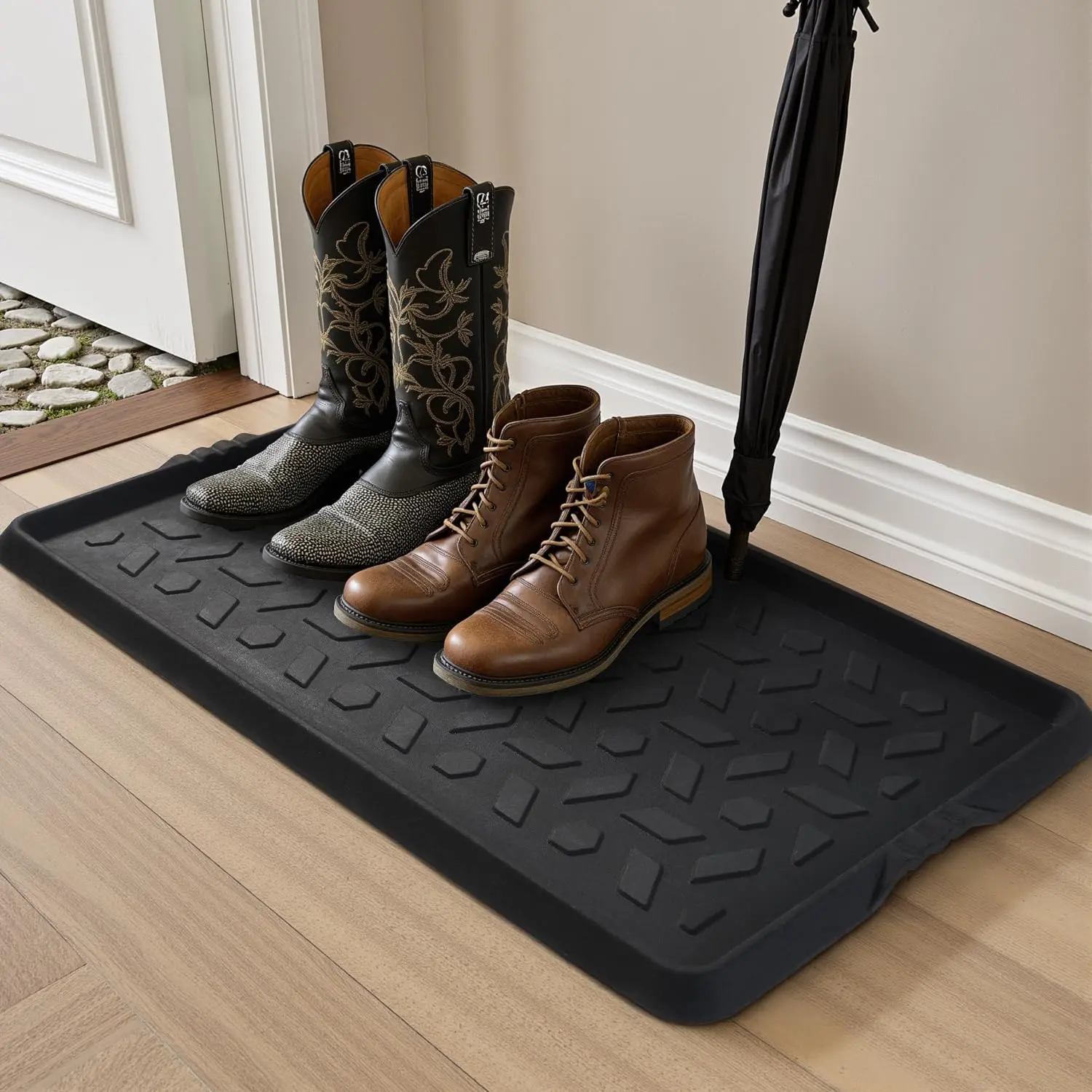Durable Rubber Boot Tray and Shoe Mat for Entryway - Heavy Duty  Shoe Tray Organizer, Non Slip Boot Trays for Front Door, Entryway Muddy Shoes Storage, 16x27.5 Inches
