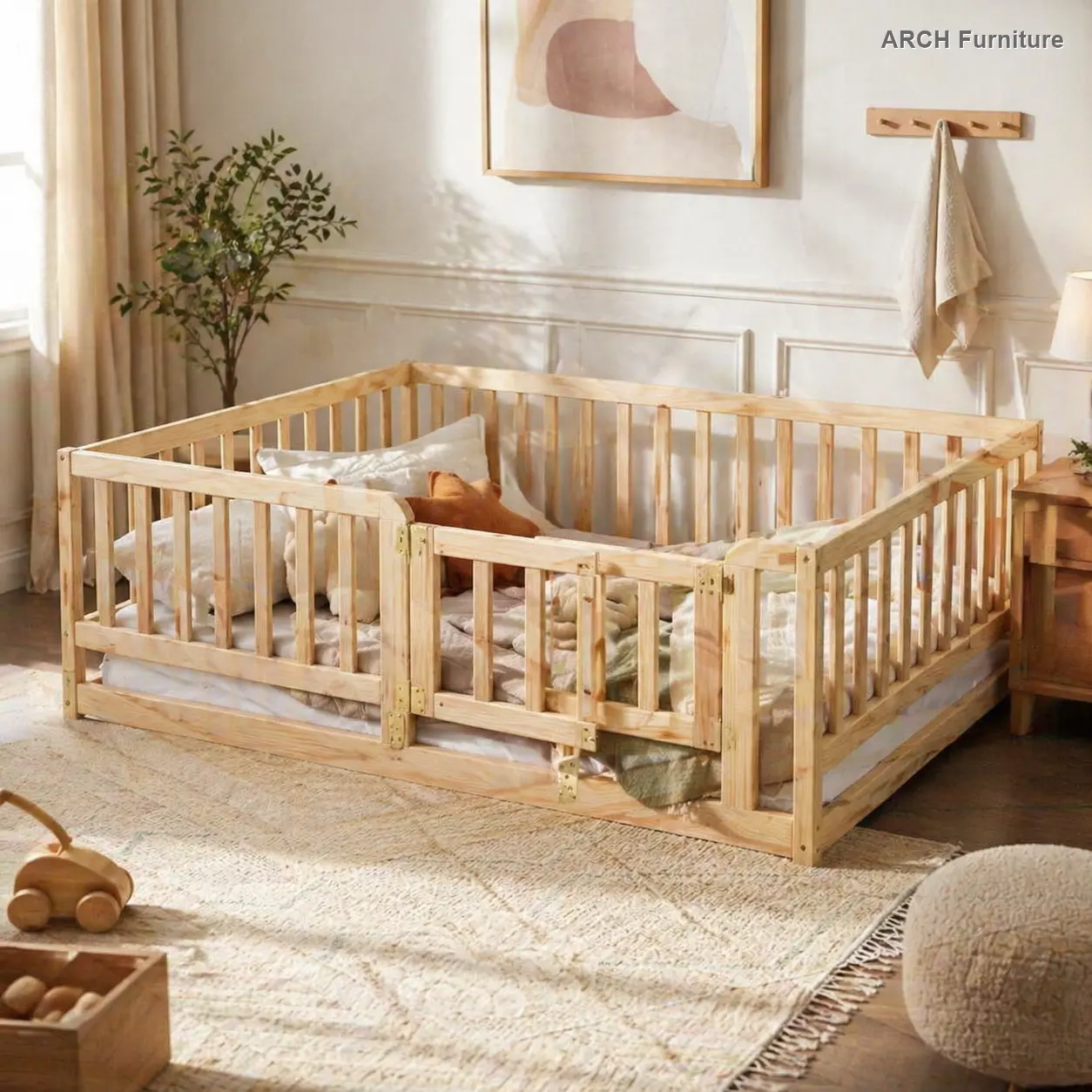 Twin Size Montessori Toddler Low-Profile Solid Oak-Pine Floor Bed - Pine Wood Frame, Slat Support, Removable Safety Fence, Door Feature, Detachable Parts, Natural Finish, 77" L x 41.5" W x 21.5" H, 6" Max Mattress, Baby Furniture