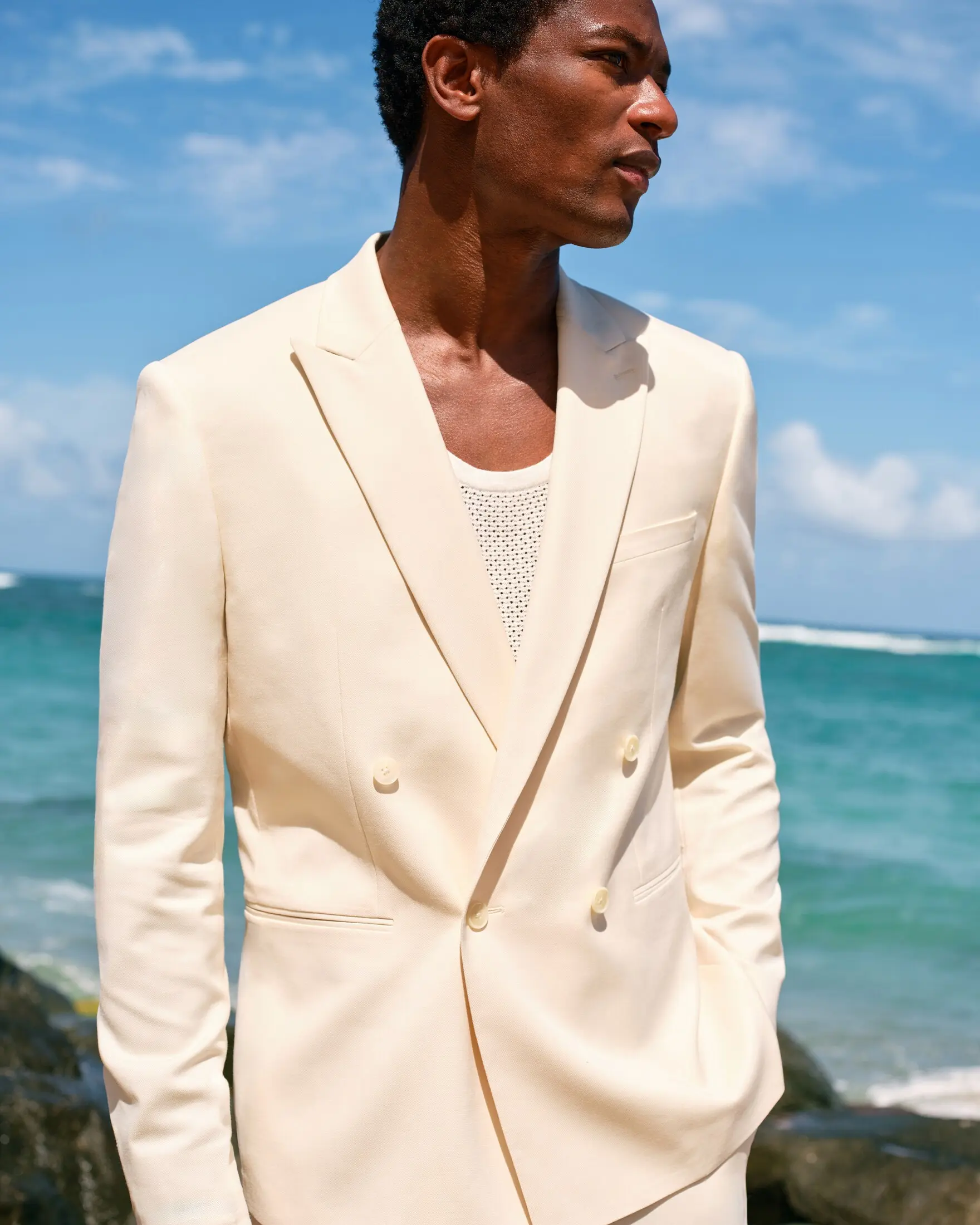 Express Slim Ivory Wool-Blend Double Breasted Suit Jacket