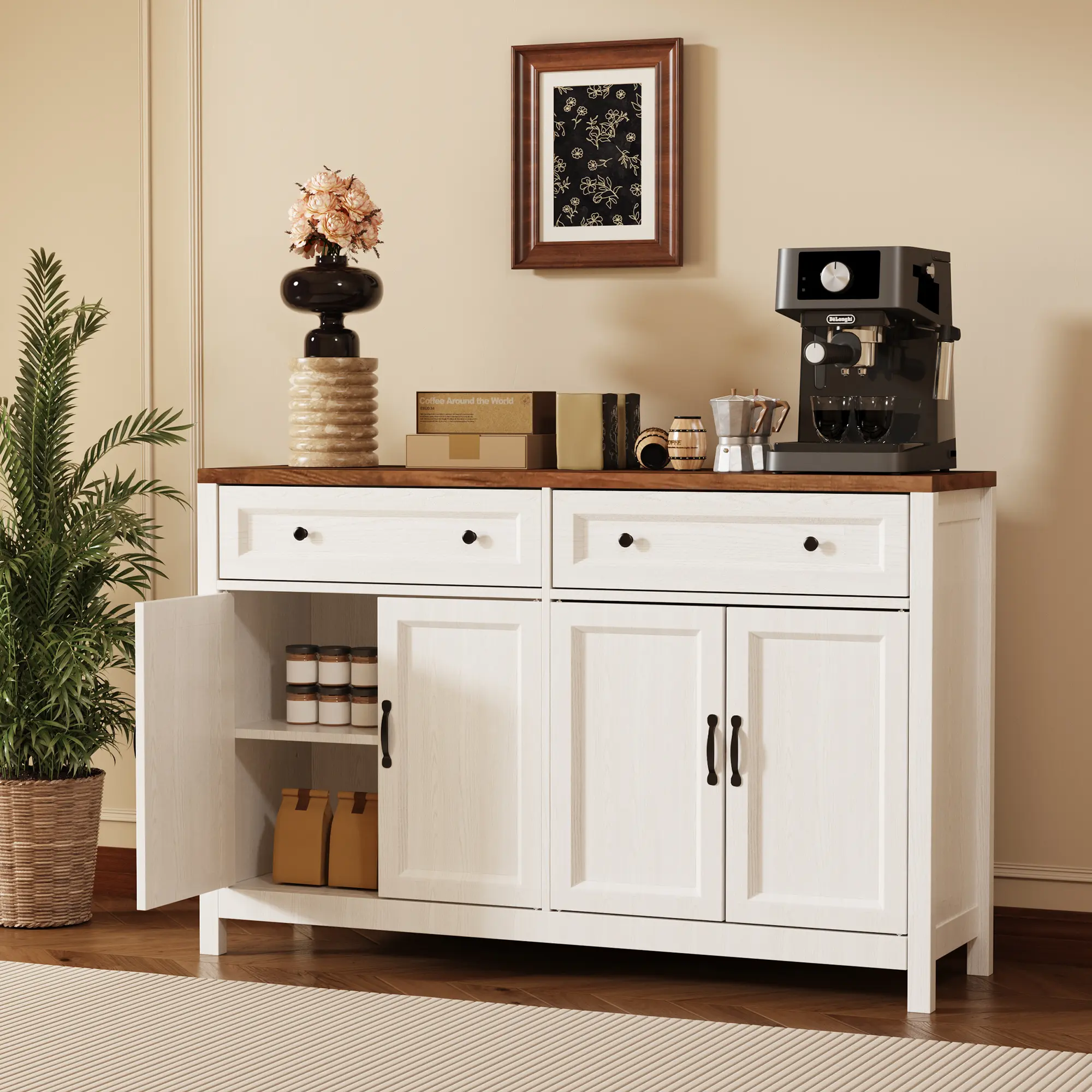 Gizoon Farmhouse Kitchen Sideboard Buffet Cabinet with Storage Wood Coffee Bar and Storage Sideboard with Drawers and Doors for Kitchen Dining Room Cupboard Furniture