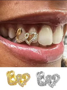 1Pc Women's Teeth Grillz Hip Hop Style, Hollow Out Heart Design, Copper Material with Zirconia Stones, Fashion Jewelry Accessory