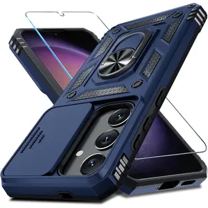 Compatible with Samsung Galaxy S25 Plus/S24 Plus Case Built in Slide Camera Lens Cover+Screen Protector+Finger Ring Holder Kickstand,Heavy Duty Shockproof Full Body Phone Cover,Blue