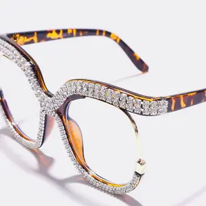 Blue Light Blocking Oversized Round Eyeglasses for Women - Rhinestone Rmerom
