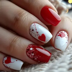 Medium-Length Press-On Nails with French Tips Brown Red Valentine's Day Design 3D Flower Decor for Women Daily Wear and Festival Dating
