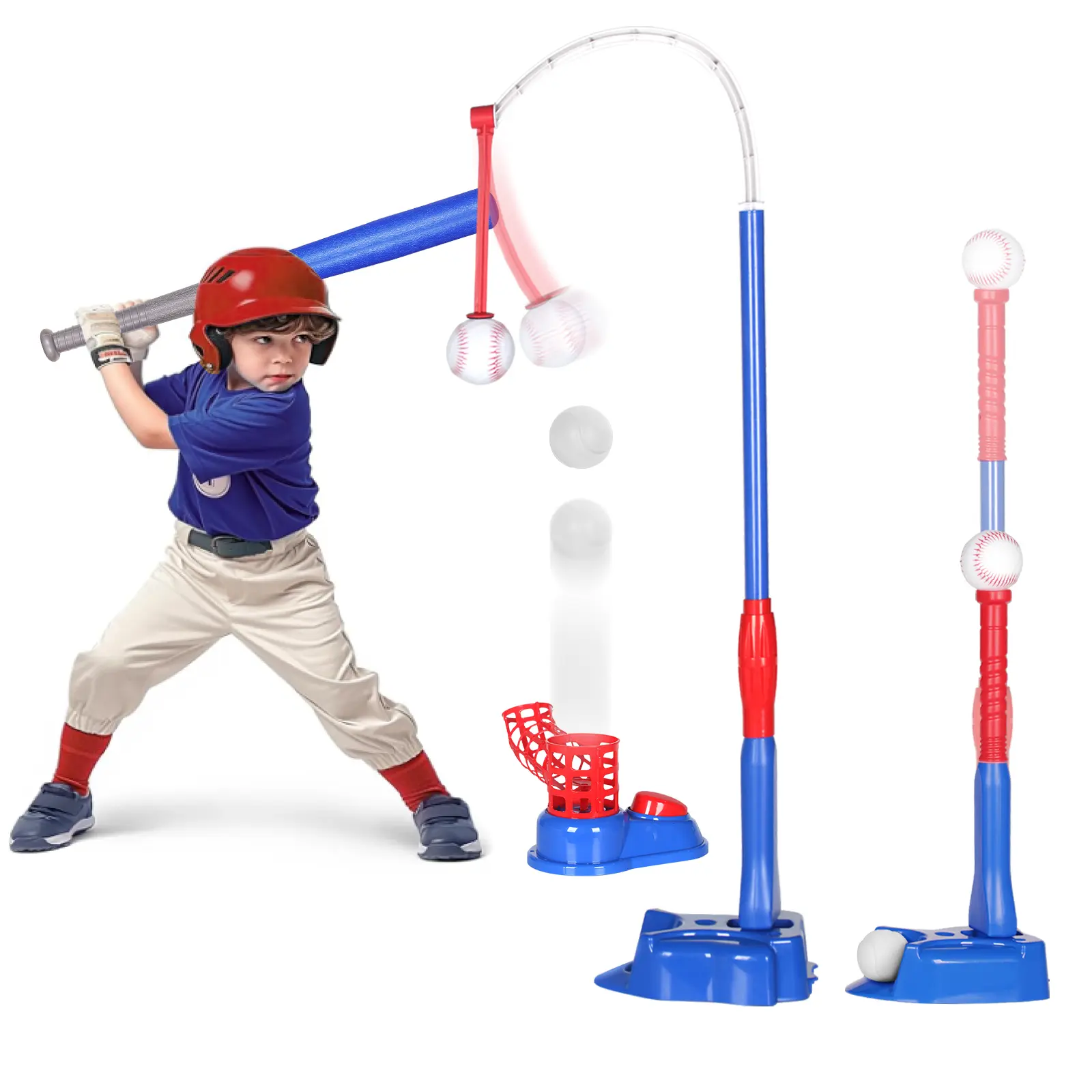4-in-1 Toddlers & Kids Baseball Set - Automatic Pitcher, Swing Training Aid, Soft Baseballs, Outdoor Sports Toy Gift for Boys & Girls