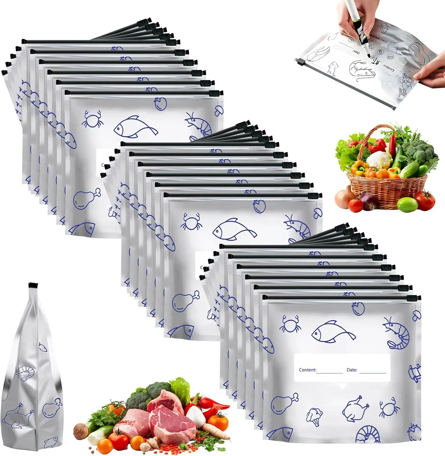 Reusable Thick Upright Aluminum Foil Sealing Storage Bags with Zipper, Labels, Leak-Proof Design, Expanded Bottom - 30pcs Home Supplies for Kitchen Produce/Meat, Travel Use, Preserves Taste, Maintains Freshness, Festive Gift Option, Unisex Adults