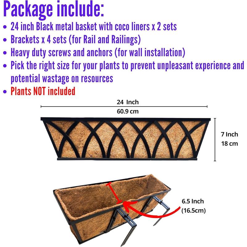 LaLaGreen Railing Planter Boxes (24 Inch, 2 Pack) Black Metal Rectangular Window Flower Box with Coco Liner, Hanging Planters for Outdoor Plants Bracket Holder Deck Rail Fence Balcony Porch Garden