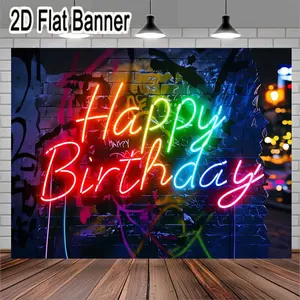 2D flat banner, 1pcVibrant Neon 'Happy Birthday' Sign with Urban Graffiti Background, Colorful LED Lights for Festive Celebrations, Perfect Party Wall Decoration for Adult Birthdays, Unique Nighttime Urban Atmosphere Decor
