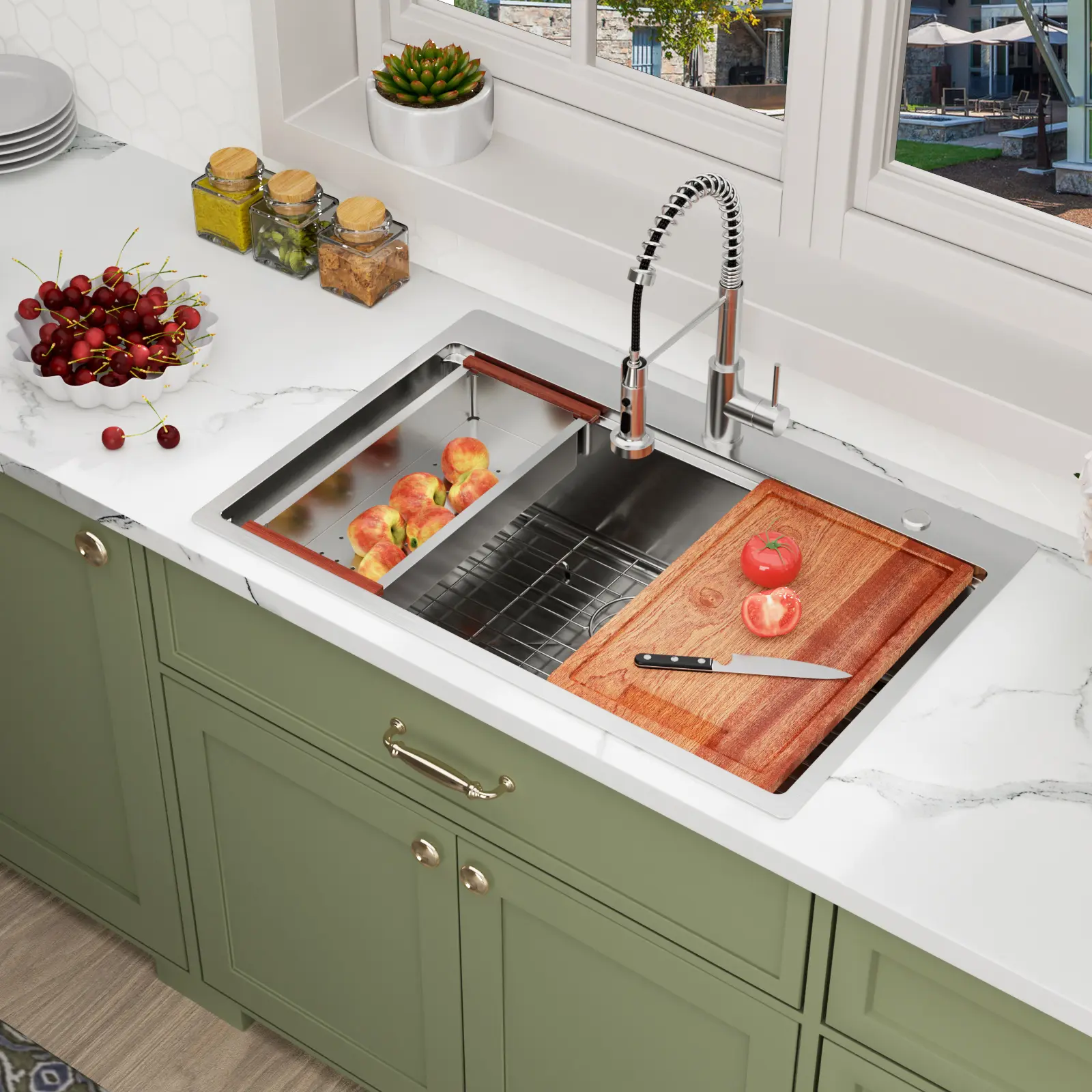 Logmey 33" Drop-In Workstation Kitchen Sink - 304 Stainless Steel Single Bowl Topmount Sink with 5-Piece Accessory Kit (Cutting Board, Colander, Roll-Up Rack, Bottom Grid), R10 Corners, 33x22x9 Inch
