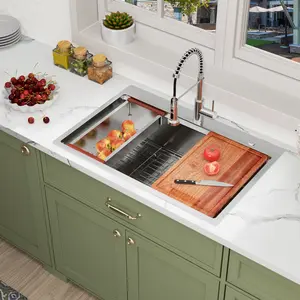Logmey 33" Drop-In Workstation Kitchen Sink - 304 Stainless Steel Single Bowl Topmount Sink with 5-Piece Accessory Kit (Cutting Board, Colander, Roll-Up Rack, Bottom Grid), R10 Corners, 33x22x9 Inch