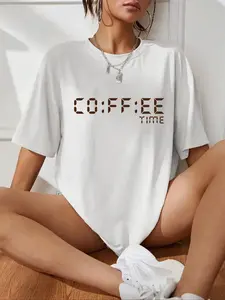 Coffee Time Slogan Print T-Shirt, Coffee Theme Casual Top, Women's Summer Loose-Fitting Short Sleeve, Daily Wear for Coffee Lovers