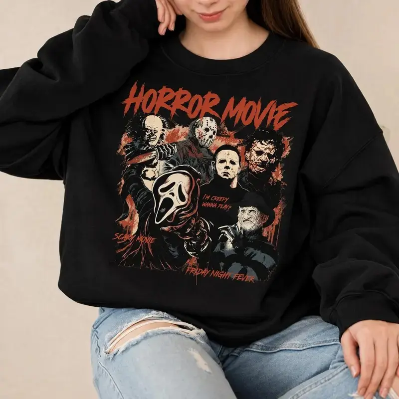 Vintage Halloween Slasher Graphic Sweatshirt, Retro Scary Mask Crewneck Pullover, Long Sleeve Horror Movie Inspired Streetwear, Youth Adult Spooky Season Sweater, Halloween Gift for Teens Women Men Horror Fans