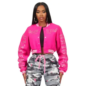 Gianni Hot Pink Crop Rhinestone Varsity Jacket