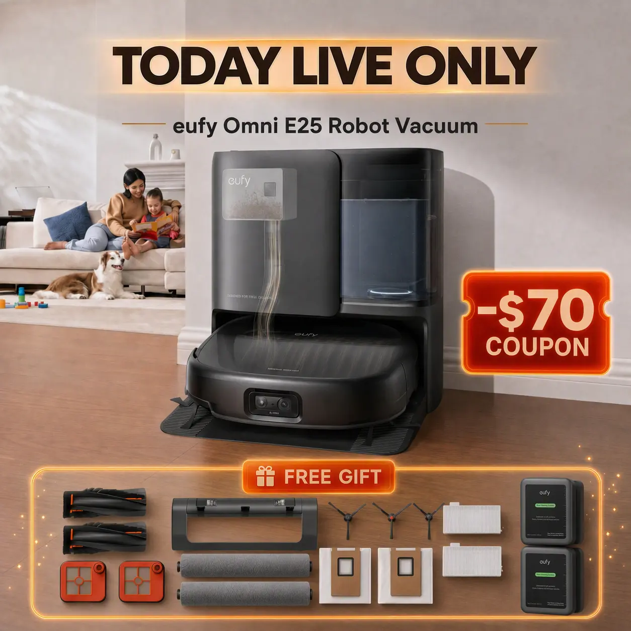 eufy E25 Omni Robot Vacuum-and-Mop Combo,HydroJet System, 20,000Pa Turbo Suction, Zero-Tangle Design, Edge-to-Corner Deep Cleaning, Obstacle Avoidance, Auto-Empty & Self-Cleaning All-in-One Station
