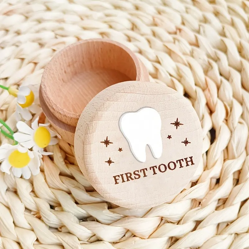 1 wooden "FIRST TOOTH" box with 3D white tooth pattern design, tooth preservation box, tooth storage box, tooth collection box, portable souvenir storage box, birth souvenir, birthday gift