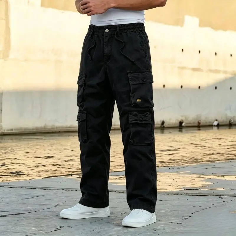 Men’s Vintage Workwear Pants — Multi-Pocket Drawstring Straight-Leg Casual Long Pants for Men