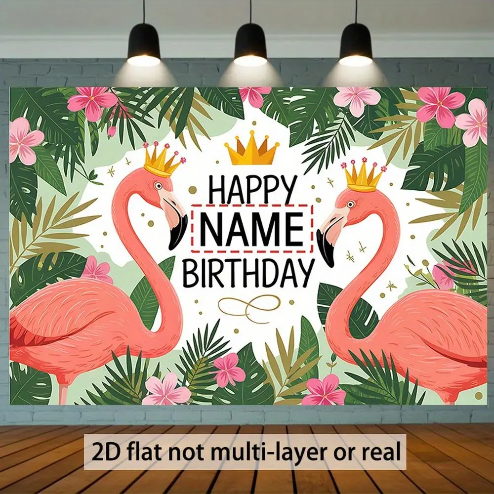 1-Piece 2D Flat Personalized Name Banner - Multicolor Reusable Polyester Decor with Flamingos, Floral Designs - Ideal for Birthday Party Decorations, Wedding Party Backdrop, Backdrop Decor