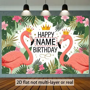 2D Flat - 2D Flat - A Flat 2D Banner Featuring a Personalized Name Text, Designed with Flamingos And Flowers, Ideal for Decorating Birthday Parties, Festivals, Weddings, Youth Gatherings, Bapti