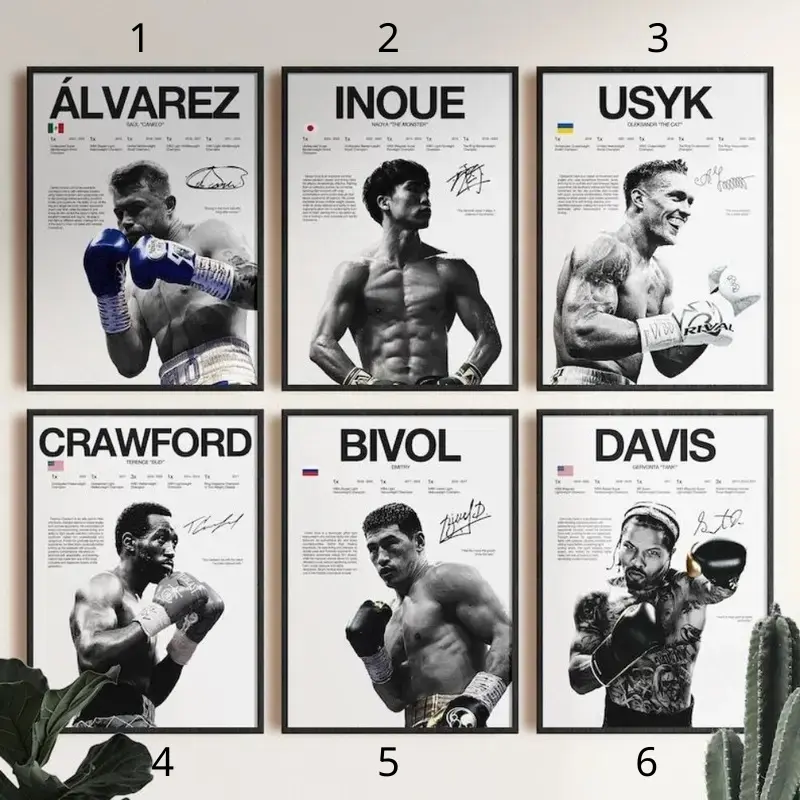 Artistic Boxing Stars Poster - Alvarez, Inoue, Usyk, Crawford, Bivol, Davis - High Def Abstract Art with Border & Wood Frame, Home Decor Wall Print, Ideal Gift for Boxing Fans, Decoration