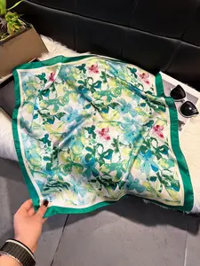 Elegant French Style Floral Print Scarf, 70cm Square Silk Headscarf for Women, Spring Summer Versatile Wrap, Stylish Necktie