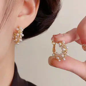 s925 sterling silver needle fashion gentle versatile zircon pearl earrings DDES0426 exquisite light luxury simple unique design earrings 14KGold-Plated