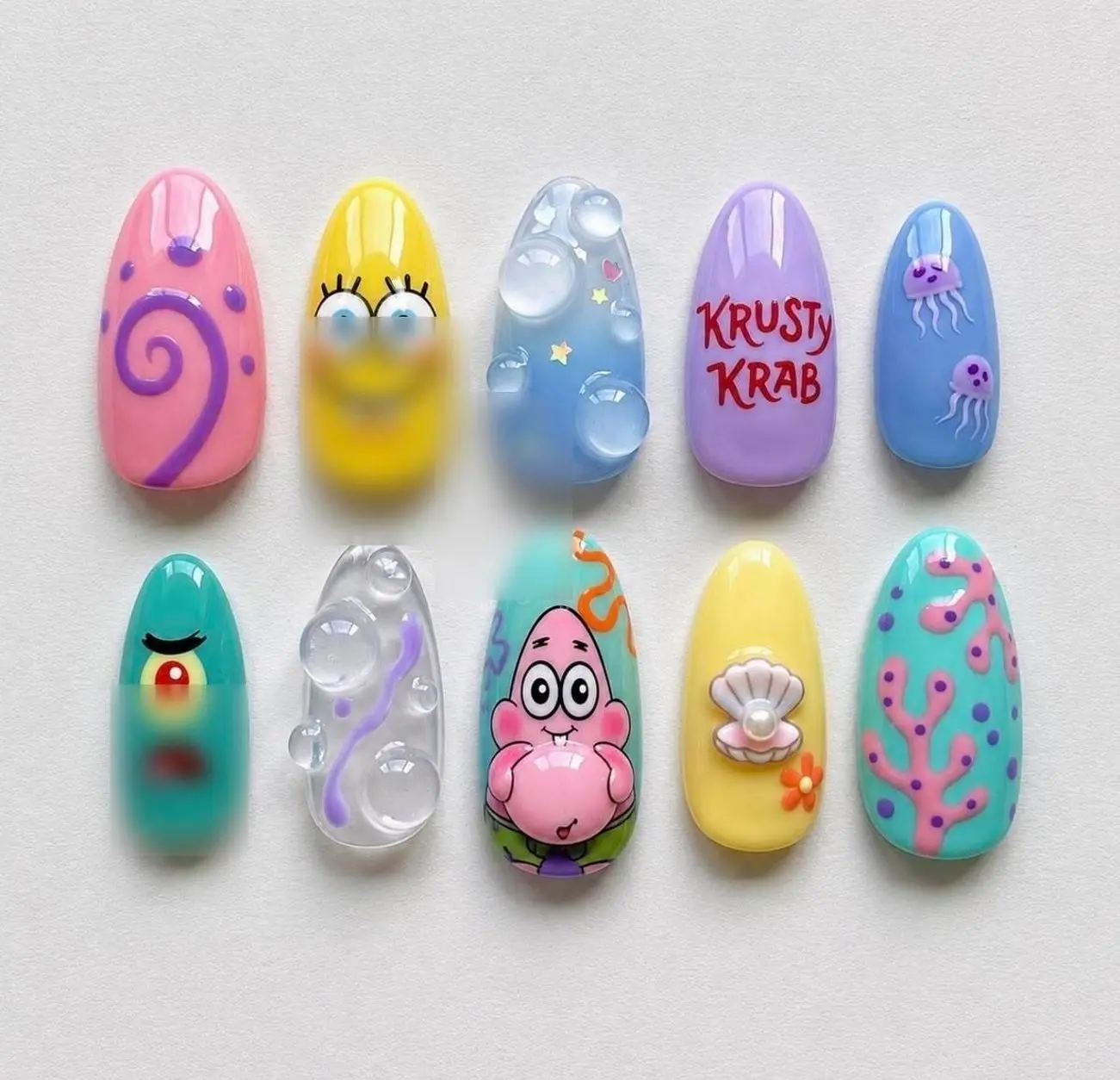 Handmade EsSpongeBobar ASquarePantsy Press On Nails, Hand Painted 3D Bubble Nail Art, Colorful Cartoon Ocean Theme False Nails, Cute Summer Nail Set FREE Adhesive Tabs  Nail File Cuticle Stick