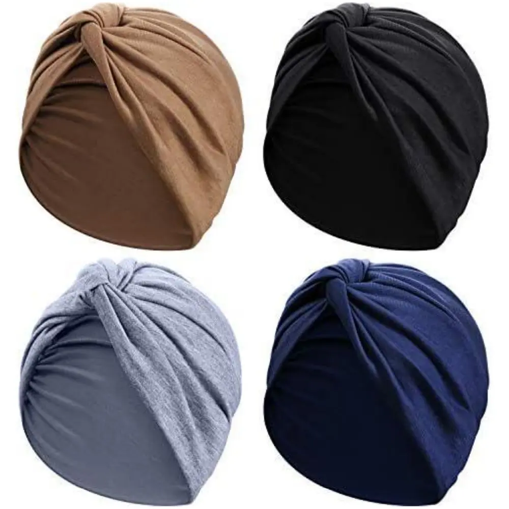 4-Pack Polyester Pre-Tied Turbans - Stretch Fit, Unscented Beanie Twisted Head Wraps for Chemo Hair Care