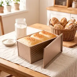 Pullman Loaf Pan with Lid, 1 lb Dough Capacity Non-Stick Bakeware for Baking Bread, Carbon Steel Corrugated Bread Toast Box Mold with Cover for Baking Bread, Gold