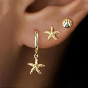 Tewiky Gold 3 Pairs Starfish and Seashell and Pearl Earrings for Women Trendy Ocean-Style Earrings Jewelry Gift for Valentine's Day