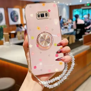 S8 Fashion Series Crystal Jewelry Strap Lanyard Phone Holder Case For Compatible With Samsung Galaxy S8 Plating Cover and Impact Resistant Beautiful and Lovely Flowers Protector Cases