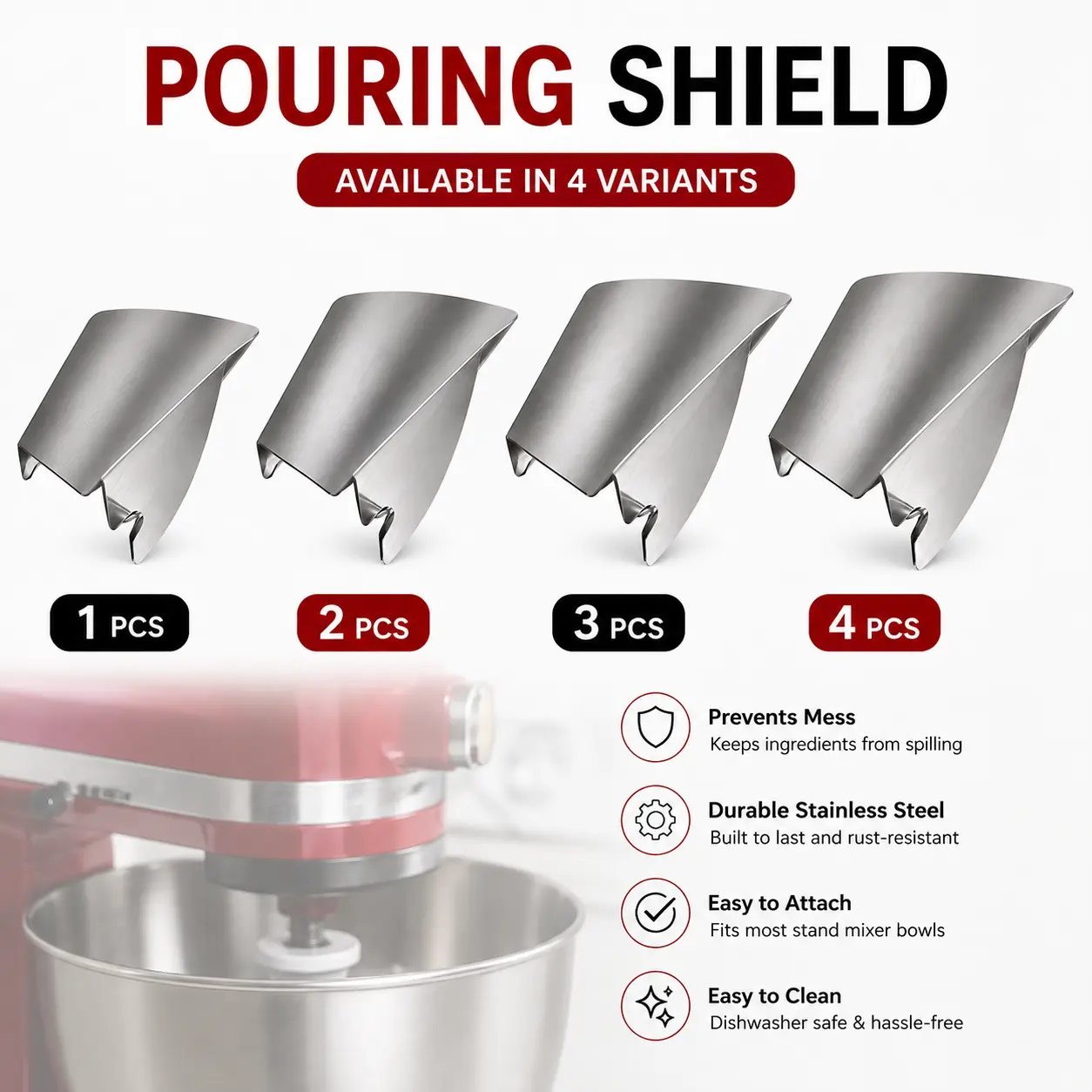 Stainless Steel Pouring Shield Compatible with 4.5-5 Qt Tilt-Head Mixer Bowls - Spill Prevention Splash Guard with Groove Design for Drip-Free Mixing and Baking