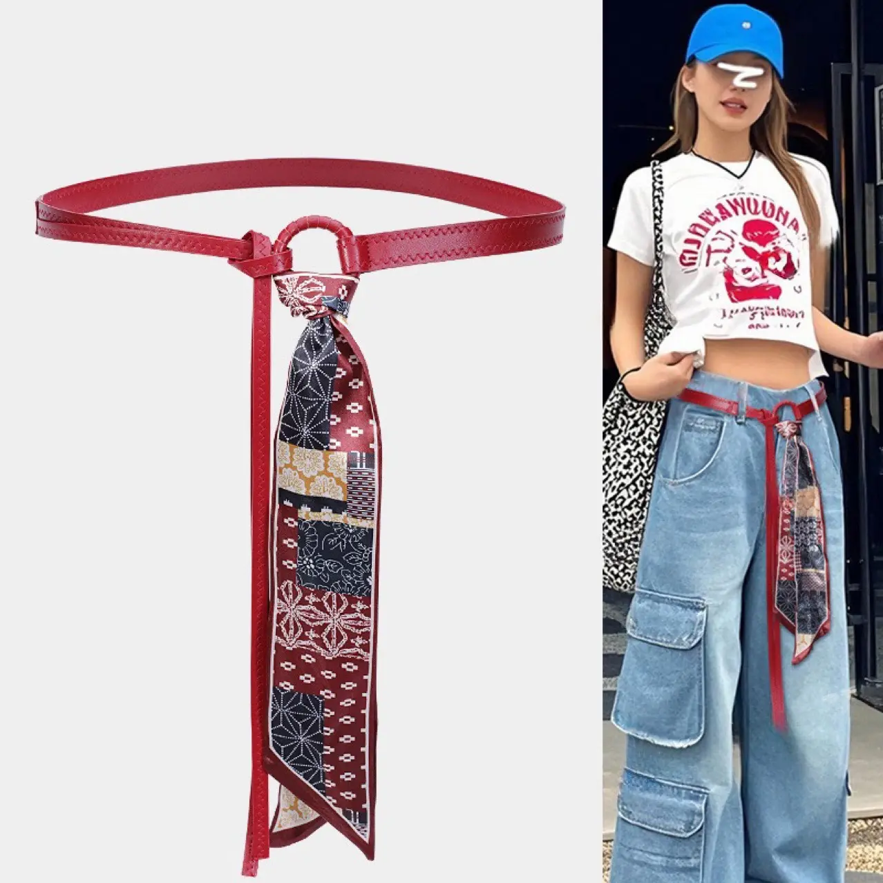 Silk Scarf Belt Accessories Women's Ribbon Belt Chain Belt Hip Hop Punk Vintage American Decor with Jeans Belt Red