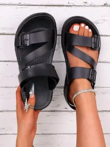 Women's Plus Size Couple Outdoor Slip-On Sandals, Classy Sandal, Sporty Soft Sole Driving Shoes, Geometric Pattern Comfortable Home & Outdoors, Black