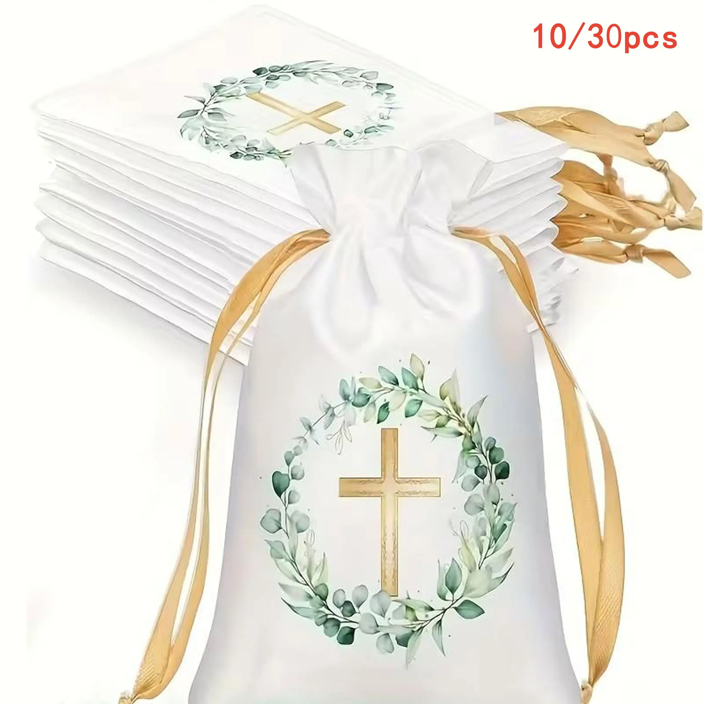 10/30 Religious Baptism and Communion Gift Bags with Drawstring Closure, Gold Wreath and Cross Design, Party Goody Bags, Suitable for Jewelry, Baptism, Communion, Weddings, Birthdays, Baptism Gifts, Party Favors, Gift Package